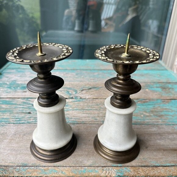 Candle Sticks Holders Brass Marble‎ Ornate Pillar Taper 7" MCM VTG Set Of 2 - Picture 9 of 9